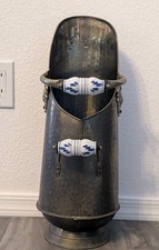 Antique Brass Coal Scuttle Hod with Delft-Style Blue & White Ceramic Handles — listing 6