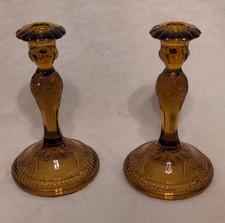 Pair of Amber Glass Candlesticks with Encrusted Gold Gilt Bands — listing 3
