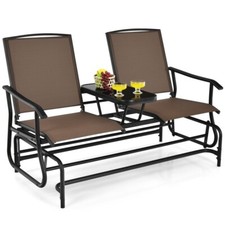 Outdoor Patio Loveseat with Mesh Sling Back and Cushion, Black Metal Frame with Wood-Tone Armrests — listing 4