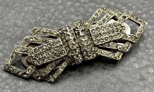 Vintage Retro Gold-Tone Scroll Bow Brooch with Clear Rhinestones and Baguettes — listing 2