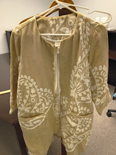 Chico's Olive Green Linen-Blend Zip-Front Jacket with Beaded Embroidery, Size 3 (US 16/18)