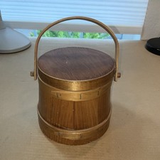 Antique Primitive Wooden Firkin Sugar Bucket with Lid and Bentwood Handle, 12" Round x 12" Deep — listing 3