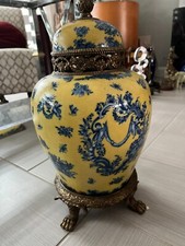 Ornate Porcelain and Brass Twin-Handled Urn Vase with Gold Damask Floral Decoration — listing 6