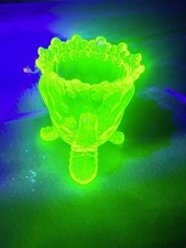 Antique Green Vaseline / Uranium Opalescent Glass Toothpick Holder with Scroll & Beaded Pattern, 1.5 inches tall — listing 2