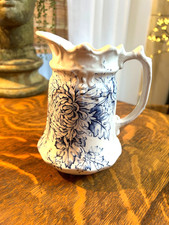 Antique Blue Transferware Ironstone Milk/Wash Pitcher with Floral Scroll Pattern — listing 5