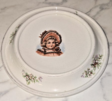 Antique "The Baby Plate" Rolled Edge Feeding Dish, Victorian Girl in Green Bonnet, Pat. Feb 7th 1905
