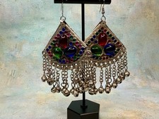 Vintage Afghan Kuchi Tribal Drop Earrings with Red Coral Glass Cabochons — listing 2