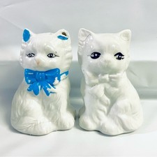 Vintage White Ceramic Cat Salt and Pepper Shaker Set with Painted Bows — listing 6