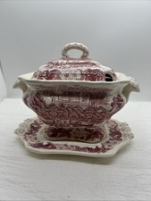Red/Pink Transferware Covered Vegetable Tureen with Castle Ruins Scene — listing 3