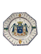 French Faience Handled Serving Dish with Armorial Crest and Floral Border, Octagonal Two-Handled Tray — listing 5