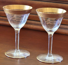 Pair of Gold-Rimmed Crystal Cordial / Liqueur Glasses with Tall Faceted Stems — listing 4