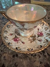 Vintage Pink Lustreware Porcelain Rose Teacup and Saucer — listing 2