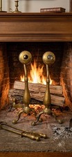 Antique Brass Andirons Pair, Federal Style with Lemon-Top Ball & Steeple Finials, Cabriole Legs and Slipper Feet — listing 3