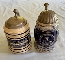 Pair of Antique German Salt-Glazed Stoneware Beer Steins with Cobalt Blue Relief Decoration, One with Pewter Lid — listing 5