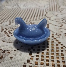 Blue Milk Glass Hen on Nest Covered Dish with White Head — listing 3