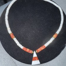 Vintage Puka Shell Heishi Necklace with Sail Pendant and Red Coral Accents