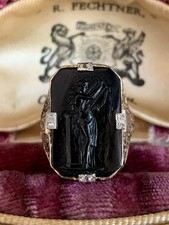Art Deco Navette-Shaped Filigree Dinner Ring with Diamonds and Sapphire Calibre Halo — listing 3