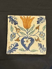 Antique Dutch Delft Polychrome Tulip Tile, Hand-Painted Tin-Glazed Earthenware