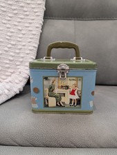 Mixed lot of vintage storage items on wooden vanity/dresser - decorative tins, sewing baskets, storage boxes, and knitting needles — listing 2