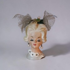 Vintage 1950s Ceramic Lady Head Vase with Pink Hat and Gold Trim — listing 2