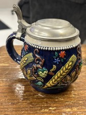 Vintage German High-Relief Ceramic Beer Stein with Valkyrie/Norse Battle Scene, 'Lebensmüd', Twig Handle, No Lid — listing 4