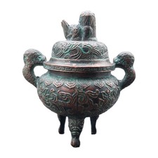 Archaistic Chinese Bronze Tripod Ding Censer with Lid and Dragon Handles — listing 4