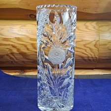 Pressed Crystal Vase with Frosted Rose & Floral Rim, Scalloped Top — listing 6