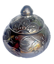 Black Clay Lidded Bowl / Pot with Ball Finial and Angled Shoulder