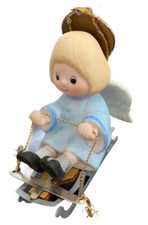 Vintage Porcelain Christmas Angel Ornament with Feather Wings and Satin Gown — listing 5