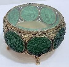 Vintage Ormolu Filigree Jewelry Casket with Beveled Yellow Glass Lid and Slag Glass Body — listing 4