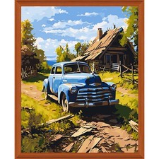 Vintage Paint-by-Number Painting of Antique Green Roadster Automobile on Board, Unframed — listing 2