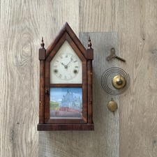 Antique Steeple / Gothic Shelf Clock with Turned Finials and Reverse-Painted Glass Tablet