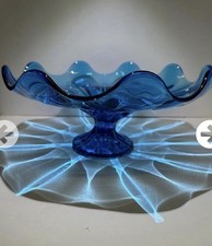 Vintage Blue Ribbed Glass Bowl with Scalloped Rim and Starburst Center — listing 6