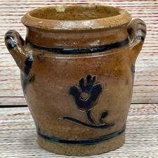 Antique Salt-Glaze Stoneware Crock with Blue Slip-Painted Leaf Decoration, Approx. 1 Gallon — listing 3