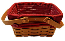 Longaberger Small Handwoven Basket with Leather Handle, Green Trim & Red Accent Band — listing 6
