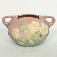 Roseville Pottery White Rose Two-Handled Pillow Vase, Green/Blue — listing 5