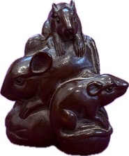 Antique Carved Wood Netsuke of Two Rats with Rice Sheaf, 2 Inch, Signed Underside, Maker Unknown — listing 4