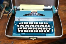 Vintage Penncrest Manual Portable Typewriter with Blue Body and White Keys, Includes Carrying Case — listing 2