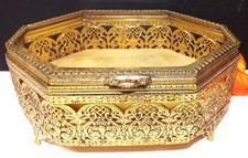 Vintage Ormolu Filigree Oval Jewelry Casket Box with Beveled Glass Lid — listing 4