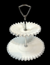 Vintage Ruby Red & White Swirl Art Glass Two-Tier Tidbit Serving Tray with Chrome Handle — listing 3