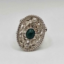 Antique Filigree Green Stone Solitaire Ring with Floral Shoulder Detail