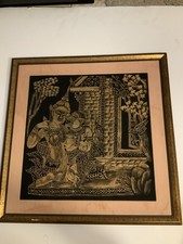 Pair of Vintage Thai Silkscreen Prints on Black Silk — Royal Barge & War Elephants — listing 6