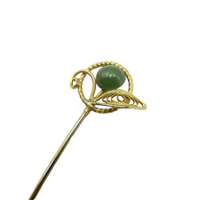 Vintage 1960s-70s Gilt Metal Foliate Stickpin Brooch with Jade Beads No marks visible — listing 6