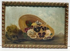 Antique Victorian Oil Painting Still Life of Pansies in Ornate Gilt Gesso Frame — listing 3