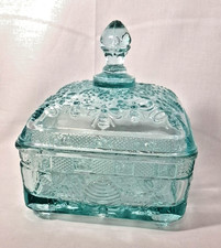 Vintage Olive Green Pressed Glass Covered Candy Dish, Indiana Glass Princess Diamond Point Pattern — listing 2
