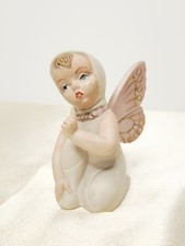 Porcelain Fairy Figurine Seated on Pink Lotus Flower with Green Butterfly Wings — listing 3