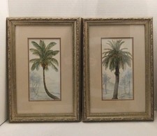 Framed Tropical Palm Tree Landscape Print, Double-Matted with Ornate Silver-Gilt Frame — listing 5