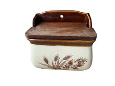 Vintage Japanese Ceramic Hanging Salt Box with Wooden Hinged Lid and Hand-Painted Floral Design — listing 6