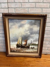 Framed Oil Painting Harbor Seascape with Sailing Boats and Figures, Signed — listing 4