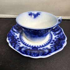 Antique Flow Blue Transferware Teacup and Saucer, Abbey/Castle Ruins Scenic Pattern, listing 2